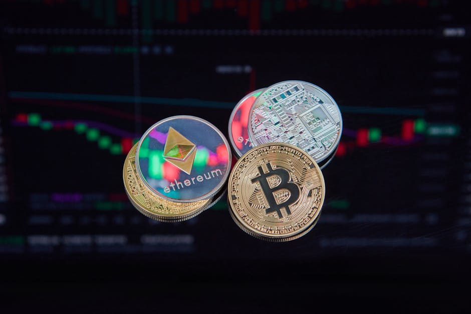 Floating Bitcoin and Ethereum coins with a market trend chart in the background symbolizing digital finance.