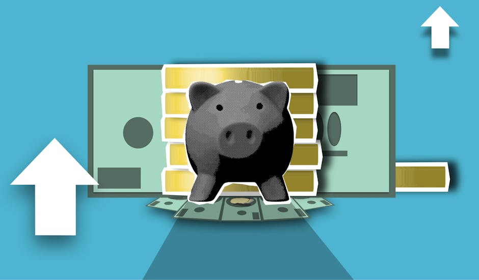 Illustration of a piggy bank with cash and rising arrows symbolizing financial growth.