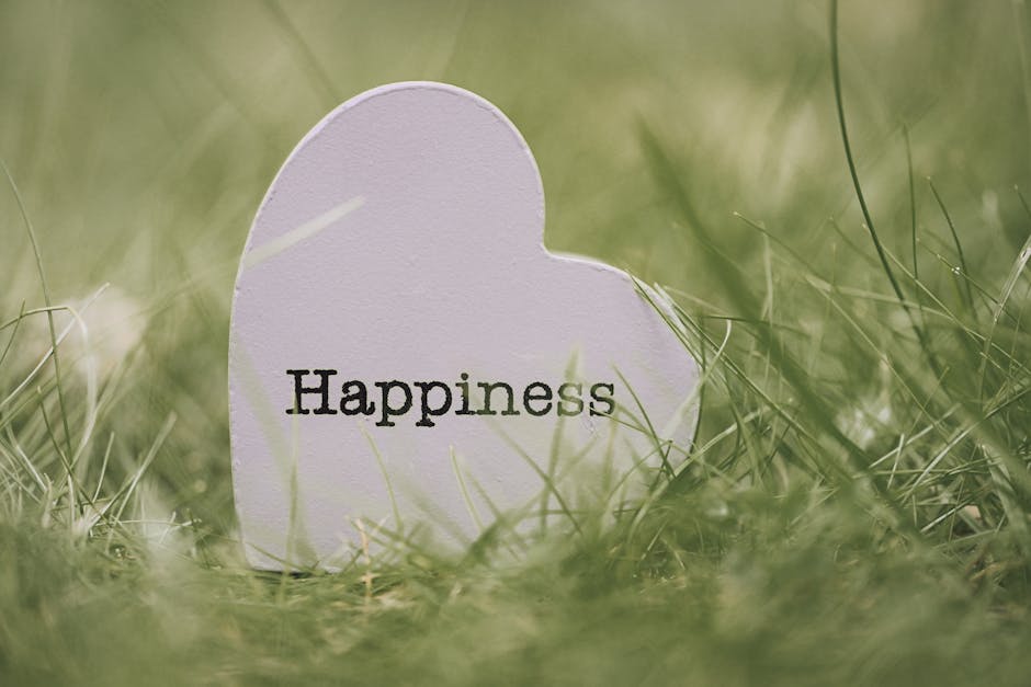 A heart-shaped sign with 'Happiness' text nestled among green grass, symbolizing joy and encouragement.