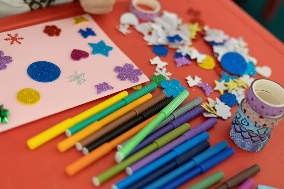 A vibrant assortment of arts and crafts materials on a table, perfect for creativity and decoration projects.