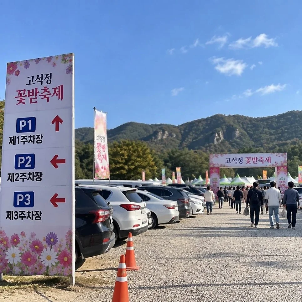 화사한 핑크뮬리와 촛불맨드라미가 만개한 고석정 꽃밭의 아름다운 풍경입니다.